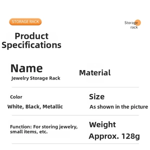 Specifications table for ABS jewelry organizer tray showing weight and color options