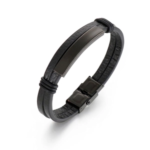 Men Double Layer Leather Bracelet With Stainless Steel Curved Plate Minimalist Casual Jewelry Accessory