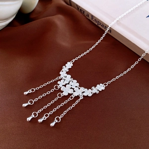 Elegant silver flower tassel necklace with hanging metal teardrop pendants for women