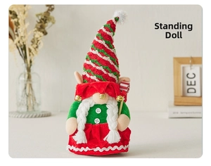 Standing female Christmas gnome with red green striped hat and white long braids