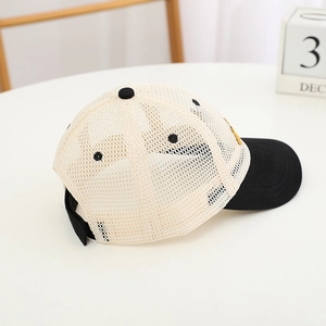 Breathable mesh baseball cap for kids with cartoon excavator embroidery and black brim