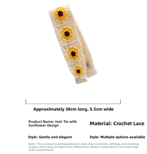 Close-up of crochet sunflower hairband for girls showing 38x5.5cm size details
