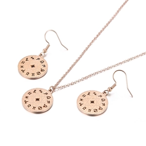 Stainless Steel Necklace And Earrings Jewelry For Women Hollow Round Pendant Twelve Constellations Astrology Compass