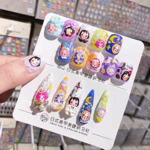 Detailed 5D embossed nail stickers featuring Japanese cartoon characters and cute 3D charms