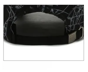 Close-up of adjustable back strap and metal buckle on mesh breathable baseball cap