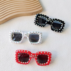 Kids square rhinestone sunglasses with UV400 protection in black, white, and red frames