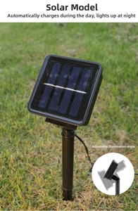 Detail of adjustable solar panel and ground stake for outdoor star snowflake garden lights