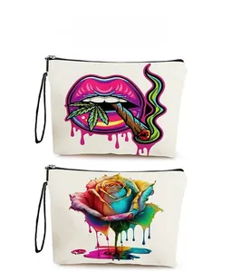 Detail of canvas makeup bags featuring floral patterns and black wristlet straps