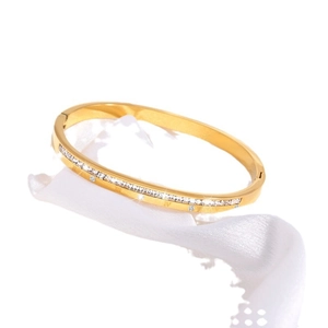 Elegant gold stainless steel bangle with Roman numerals and a row of sparkling crystals