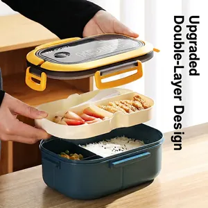 Portable 1200ml double-layer microwaveable lunch box with compartments and handle