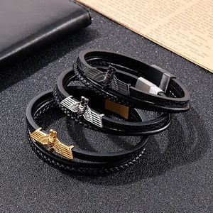 Bracelet Homme Multi Rangées Cuir Tressé Ornement Aigle Fermoir Magnétique Acier Inoxydable Punk Rock Biker Bijoux