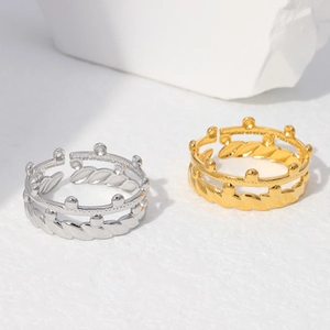 Crown Shape Open Adjustable Ring Stainless Steel 18K Gold Plated Double Layer Elegant Minimalist Jewelry For Women