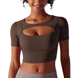 Women's dark brown cutout cropped yoga top with built-in sports bra for fitness