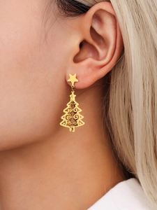 Detailed view of 18K gold plated Christmas tree earrings worn on a model for display