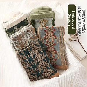 Detail view of vintage embossed floral mid-calf socks with intricate relief textures