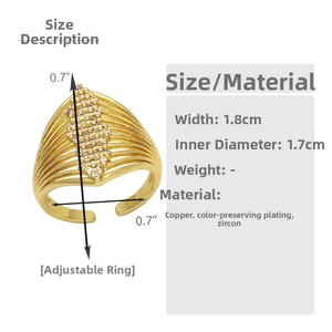 Detailed technical specification view of gold-plated waterdrop ring with zircon inlay.