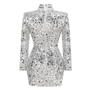 Detail of silver sequin dress with rhinestone-embellished high neck and zipper back