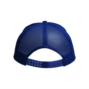 Detail of blue breathable mesh trucker hat showing snapback closure and stitching