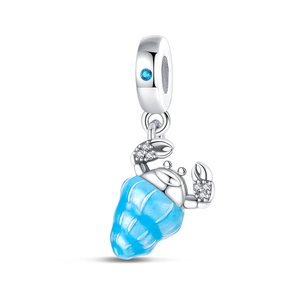 Detailed view of silver charm pendant with blue enamel crab shell and zircon stones