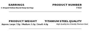 Size comparison and specifications chart for C-shaped hollow hoop titanium steel earrings