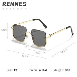 Retro semi-rimless square sunglasses with gold metal frame and detailed size dimensions