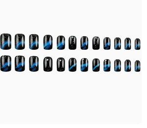 Detail of 24pcs black galaxy press-on nails with blue nebula and white stars glitter