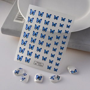 5D embossed butterfly nail art stickers in deep blue with detailed floral relief textures