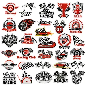 Close-up of 32 racing-themed embroidery patches featuring helmets and checkered flags
