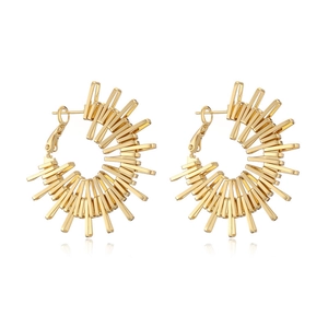 Detailed view of gold C-shaped earrings with textured radial geometric lines and metallic finish