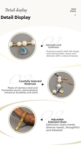 Detail view of freshwater pearl necklace with adjustable chain and blue crystal pendant
