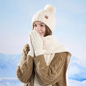 3-piece winter knit set with pom-pom beanie, scarf, and gloves in cream speckled fabric