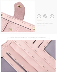 Pink lychee grain leather wallet detail featuring card slots and gold snap button