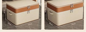 Detail view of two beige storage bags with leather handles and size labels in 63cm and 70cm