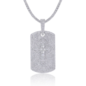 Colgante estilo hip hop de plata con diseño de cruz y circonitas tipo dog tag