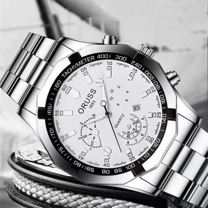 Dettaglio dell'orologio ORUSS 1853 in acciaio argento con lunetta ottagonale e cronografo