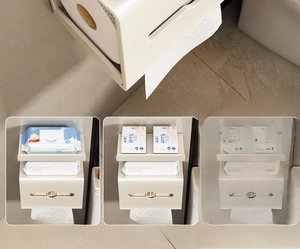 Detail of wall-mounted cream tissue box featuring upper shelf and multi-storage scenarios