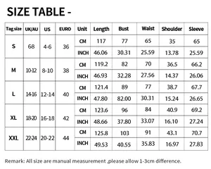 Tableau détaillé des tailles avec mesures US, EU et UK pour robe midi évasée