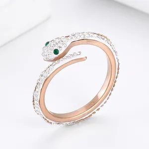 Snake Shaped Ring Stainless Steel Adjustable Open Band Rhinestone Micro Pave Green Gem Eyes Fashion Jewelry For Women