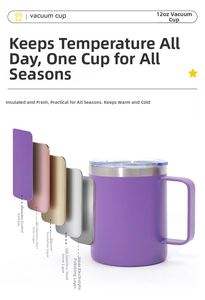 Cross-section detail of 12oz purple insulated mug showing 304 stainless steel layering