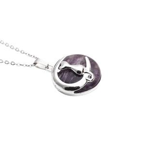 Natural purple crystal moon cat pendant necklace with silver metal frame and smooth finish