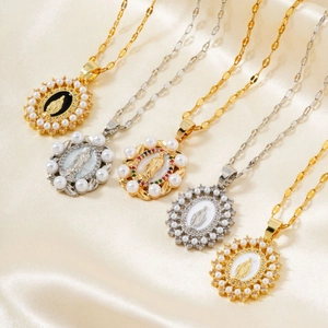 Collier Pendentif Vierge Marie Cuivre Zircon Strass Künstliche Perle Bijoux Religieux Catholiques Chrétiens Pour Femmes