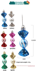 Detail showing 8.5x3cm dimensions and colorful electroplated candy Christmas ornaments