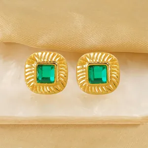 Vintage Square Stud Earrings With Green Glass Stone Stainless Steel 18K Gold Plated French Style Jewelry For Women