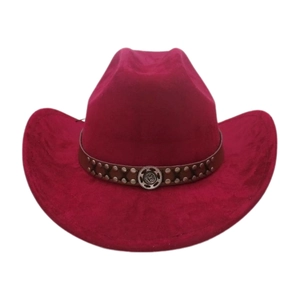 Classic rose red western cowboy hat with studded leather band and vintage metal buckle