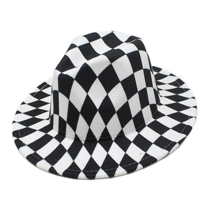 Classic black and white checkerboard fedora hat with wide brim in wool felt material