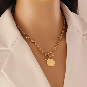 Golden multi-layer coin and star pendant necklace in polished stainless steel