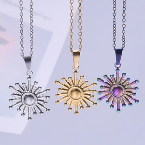 Three minimalist stainless steel sun necklaces in gold, silver and rainbow finishes