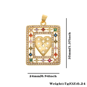 Detailed dimensions of a gold rectangular pendant with multicolor zircon inlay and heart