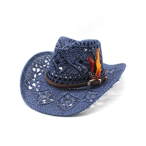 Navy blue hollowed-out straw cowboy hat with bohemian feathers and leather band