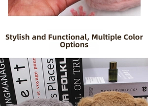 Close-up of soft plush bear storage pouch showing pink, gray and brown fabric textures